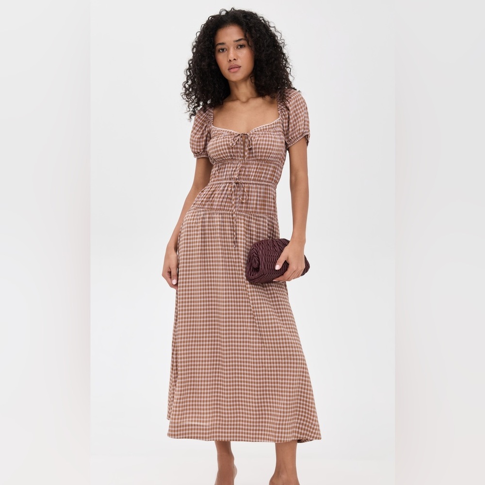Reformation Brown Gingham Puff Sleeve Dress